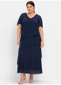 Cocktailkleid sheego "Abendkleid", Damen, Gr. 42, Normalgr&ouml;&szlig;en, blau (marine), Chiffon, 100% Polyester, unifarben, lang, V-Ausschnitt, Kleider Cocktailkleid