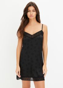 Neglisj&eacute; i sateng med hjerter, svart, st&oslash;rrelse 48/50 (XL), bonprix