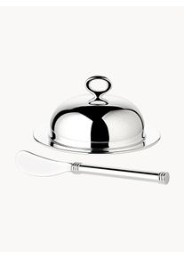 EDZARD Set de 4 cajas de mantequilla plateadas con cuchillo Jago Plateado Acero inoxidable, Vidrio Ø 14 cm x Al 7 cm