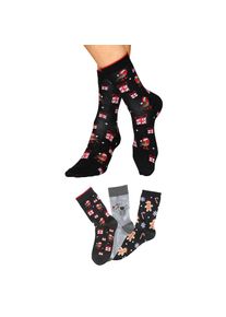 H.I.S. H.I.S, Damen, Socken Packung, 3 Stk. tlg. mit lustigen Weihnachtsmotiven, 2x schwarz-gemustert, 1x grau-gemustert, 35-38, 2x schwarz-gemustert, 1x 