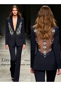 Customized Fashionable Shiny Diamonds Rhinestones Women's Slim Suit 2 Pieces пиджак женски Casual Womens Clothing Pa