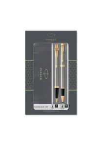 Parker IM Duo-Geschenkset mit Kugelschreiber & Tintenroller | Brushed Metal mit Goldzierteilen | Nachf&uuml;llen schwarz | Geschenkbox