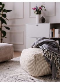 benuta Pure Pouf en laine fait main Beads Crème 55x55x30 cm - Tapis en fibres naturelles