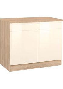 KOCHSTATION , Unterschrank »KS-Virginia« 100 cm breit, mit 2 Türen und 2 Schubkästen , creme Hochglanz , eiche sonoma