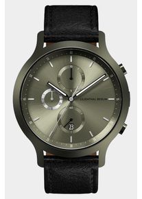 Men's Chronograph Watch - Green - Surgical Steel Case, Sapphire Glass, Black Leather Strap - Date Display - 42mm , Quartz Movement by Ronda -