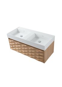 Doppelwaschbecken Set ARGENA 120 cm mattweiß mit Unterschrank Eiche