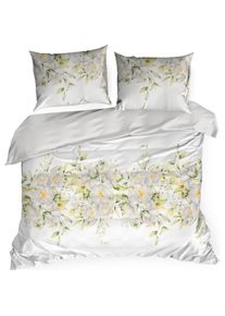 Eurofirany, Bettwäsche, Baumwollbettwäsche 220x200 cm, weiss, hellgrün mit dezentem botanischem Muster SPRING 22 (Bettwäsche Set, 220 x 200 cm, 70 x 