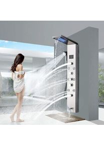 6-in-1 Brushed Nickel Shower Panel with LED, Adjustable Jets, Waterfall, Handheld, and Tub Spout