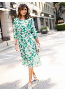 Damen Plisseekleid mit abnehmbarem Bindegürtel in smaragd-champagner-bedruckt ,Größe 24, Witt, 100% Polyester