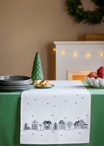 Vattenavvisande bordsl&ouml;pare med husmotiv - vit - storlek 40x140 cm - bonprix