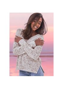 Buffalo, V-Ausschnitt-Pullover aus weichem Chenille, Strickpullover, kuschelig weich, braun-creme, 32/34, V-Ausschnitt-Pullover