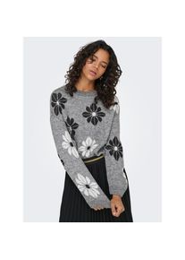 ONLY , Damen , Rundhalspullover »ONLFREESIA LS FLOWER O-NECK RP KNT« mit Blümchen - Strickmuster , Medium Grey Melange Pattern:Flowers/Black/Cloud...