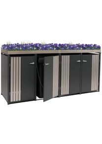 4er-M&uuml;lltonnenverkleidung HWC-O67, M&uuml;lltonnenbox mit Pflanzkasten, Metall 125x260x84cm 95kg ~ anthrazit Edelstahl