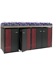 4er-M&uuml;lltonnenverkleidung HWC-O67, M&uuml;lltonnenbox mit Pflanzkasten, Metall 125x260x84cm 95kg ~ anthrazit Holzoptik dunkel
