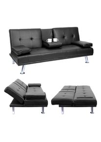 3er-Sofa HWC-F60, Couch Schlafsofa Gästebett, Tassenhalter verstellbar 97x166cm ~ Kunstleder, schwarz