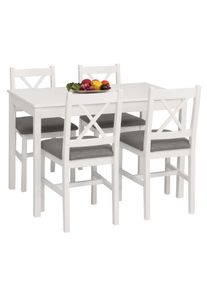 Esszimmer-Set HWC-F77, Sitzgruppe Esszimmergruppe, Massiv-Holz Kiefer Stoff Landhaus 110cm ~ wei&szlig; Polster grau