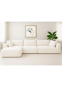 Sofa-Garnitur HWC-P20, 3-Sitzer Couch Loungesofa, Stoff/Textil Cord (370 g/m&sup2;) Liegefl&auml;che links ~ wei&szlig;