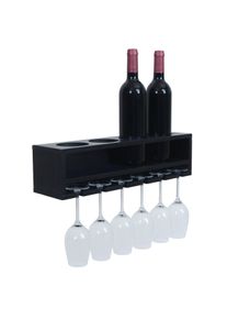 Weinregal HWC-P21, Glas-/Flaschenhalter Wandbar Regal f&uuml;r 4 Flaschen/6 Gl&auml;ser Holz FSC&reg;-zertifiziert 12x48x12cm ~ schwarz