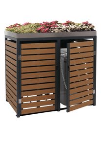 2er M&uuml;lltonnenverkleidung HWC-K14, M&uuml;lltonnenbox mit Pflanzkasten, 124x134x84cm WPC Edelstahl 79kg ~ Teak-Optik