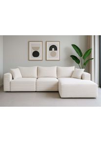 Sofa-Garnitur HWC-P20, 3-Sitzer Couch Loungesofa, Stoff/Textil Cord (370 g/m&sup2;) Liegefl&auml;che rechts ~ wei&szlig;