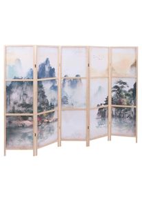 Paravent HWC-O70, Trennwand Sichtschutz Raumtrennung Naturmotive Holz MVG Polyethylen 170x227cm ~ Berge