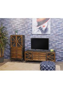 Wohnzimmer-Set HWC-F91, TV-Rack Kommode Highboard Hochschrank, Industrial Tanne Holz Metall, braun-schwarz