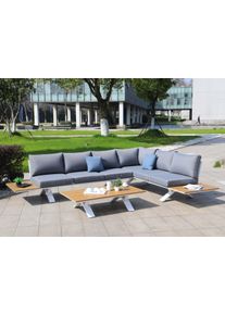 Aluminium Garten-Garnitur HWC-M62, Sitzgruppe Garten-/Lounge-Set Sofa, Holzoptik ~ Gestell wei&szlig;, Polster hellgrau