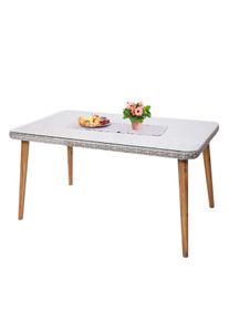 Poly-Rattan Esstisch HWC-H65, Garten-/Lounge-Tisch, Stahl + Akazie halbrundes Poly-Rattan MVG 150x90cm ~ grau