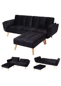 Schlafsofa HWC-K18 mit Ottomane, Couch Sofa G&auml;stebett, Schlaffunktion 218x175cm ~ Samt schwarz