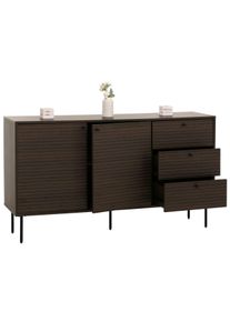 Kommode HWC-N78, Sideboard, 3 Schubladen 2 T&uuml;ren, skandinavischer Stil Metall Holz Melamin MVG 85x150x40cm ~ dunkelbraun