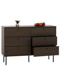 Kommode HWC-N78, Sideboard Schrank, 6 Schubladen, skandinavischer Stil Metall Holz Melamin MVG 85x120x40cm ~ dunkelbraun