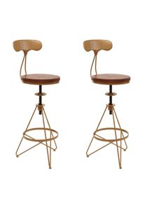 2er-Set Barhocker HWC-N18, Barstuhl, h&ouml;henverstellbar drehbar Fu&szlig;ablage, Industrial Metall Holz ~ braun, Gestell gold