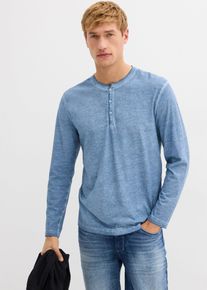 bonprix Bluzka z długim rękawem i dekoltem henley z efektem sprania z czystej bawełny organicznej, niebieski, 60/62 (XXL)