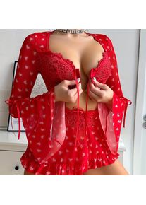Party Valentine's Day Gift Romantic Perspective Sexy Underwear Red Love Bra Short Skirt thong Three piece Set