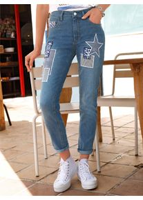 Dames Jeans met bedrukte patches in blue-bleached ,maat 40, WITT, 81% Katoen, 17% Polyester, 2% Elastan