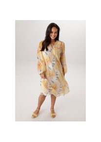 Aniston PLUS , Damen , Sommerkleid , weiß-gelb-olive , N-Gr , 44 -N-Gr , 44 , Elastischer Plissee mit Alloverprint