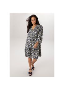 Aniston PLUS , Sommerkleid , weiß-olive-blau , N-Gr , 52 -N-Gr , 52 , Damenkleid mit V-Ausschnitt und kleiner Knopfleiste