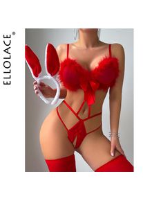 Ellolace Valentine Hot Lingiere Sissy Bunny Open Crotch Bodysuit with Headband&Stockings Romantic Fluffy Ball Decor Hollow Set