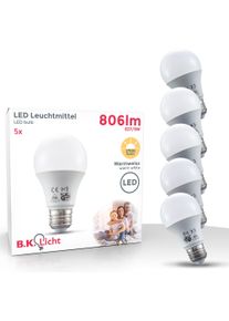B.K.LICHT LED-Leuchtmittel E27 5 Stk. Warmwei&szlig; LED Lampe Gl&uuml;h-Birne SET 9W 806 Lumen warmwei&szlig; 3.000K Energiesparlampe in wei&szlig;