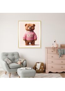 queence, Bild mit Rahmen &raquo;Vintage Teddy B&auml;r M&auml;dchen mit Krawatte in rosa&laquo; B&auml;r B&auml;ren Fashion Figuren Mode Modebilder HD Premium Poster-Druck inkl. 