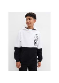 bonprix, Herren, Kapuzensweatshirt &raquo;Hoodie aus reiner Baumwolle&laquo;, im Colorblocking-Stil und mit Print, wei&szlig;/schwarz bedruckt, 140/146, wei&szlig;/schwarz 