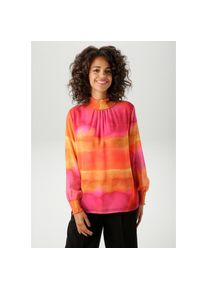Aniston CASUAL, Damen, Chiffonbluse im farbenfrohen Batik-Dessin - jedes Teil ein Unikat, orange-gelb-pink-rot, 46, orange-gelb-pink-rot, Bluse mit 