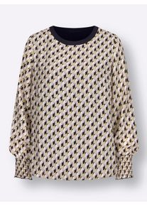 Dames Blouse met print en transparante mouw in zwart/limoen bedrukt ,maat 36, WITT, 100% Polyester