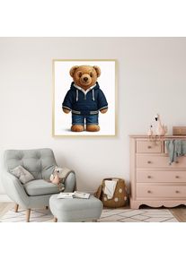 queence Bild mit Rahmen &raquo;Teddy B&auml;r mit Jeans und Hoody&laquo; B&auml;r B&auml;ren Fashion Figuren Mode Modebilder HD Premium Poster-Druck inkl. Echtholzrahmen in 