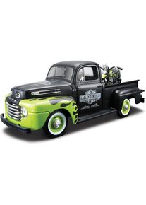 Maisto Sammlerauto &raquo;Ford F1 '48 + FL Panhead '48, 1:24, schwarz/gr&uuml;n&laquo; Set, 2 Stk. tlg. 1:24 aus Metallspritzguss