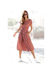 Lascana Midikleid mit G&uuml;rtel, Seitennahttaschen mit Punktedruck und Taschen, Sommerkleid beige, Gr&ouml;&szlig;e 38
