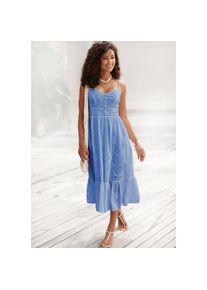 Buffalo Midikleid mit hochwertiger Lochstickerei, luftiges Sommerkleid aus Baumwolle blau, Gr&ouml;&szlig;e 36