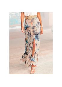 Buffalo Maxirock aus Viskosejersey, langer Sommerrock mit Alloverdruck und Schlitz beige, Gr&ouml;&szlig;e 34