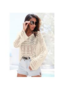 s.Oliver Strandpullover mit semi-transparentem Ajourmuster, sommerlicher Strickpullover beige, Gr&ouml;&szlig;e 32/34