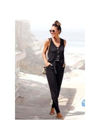 Lascana Jumpsuit mit Bindeg&uuml;rtel, und Knopfleiste vorne, bequemer Overall mit Taschen schwarz, Gr&ouml;&szlig;e 46